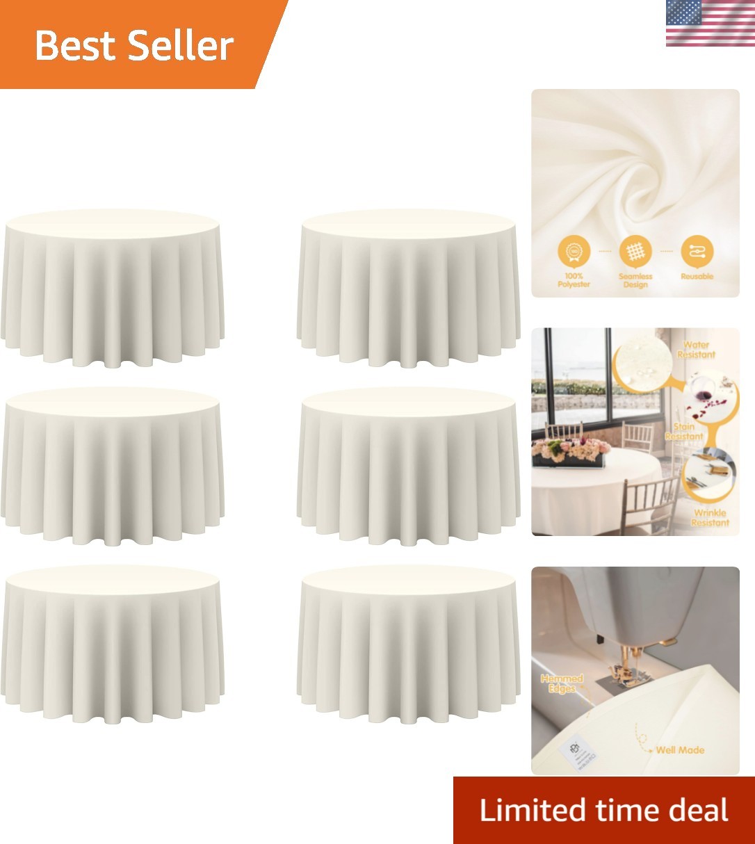 6 Pack Ivory Round Tablecloths 120 Inch for 60” Tables – 150 GSM Polyester Fa…