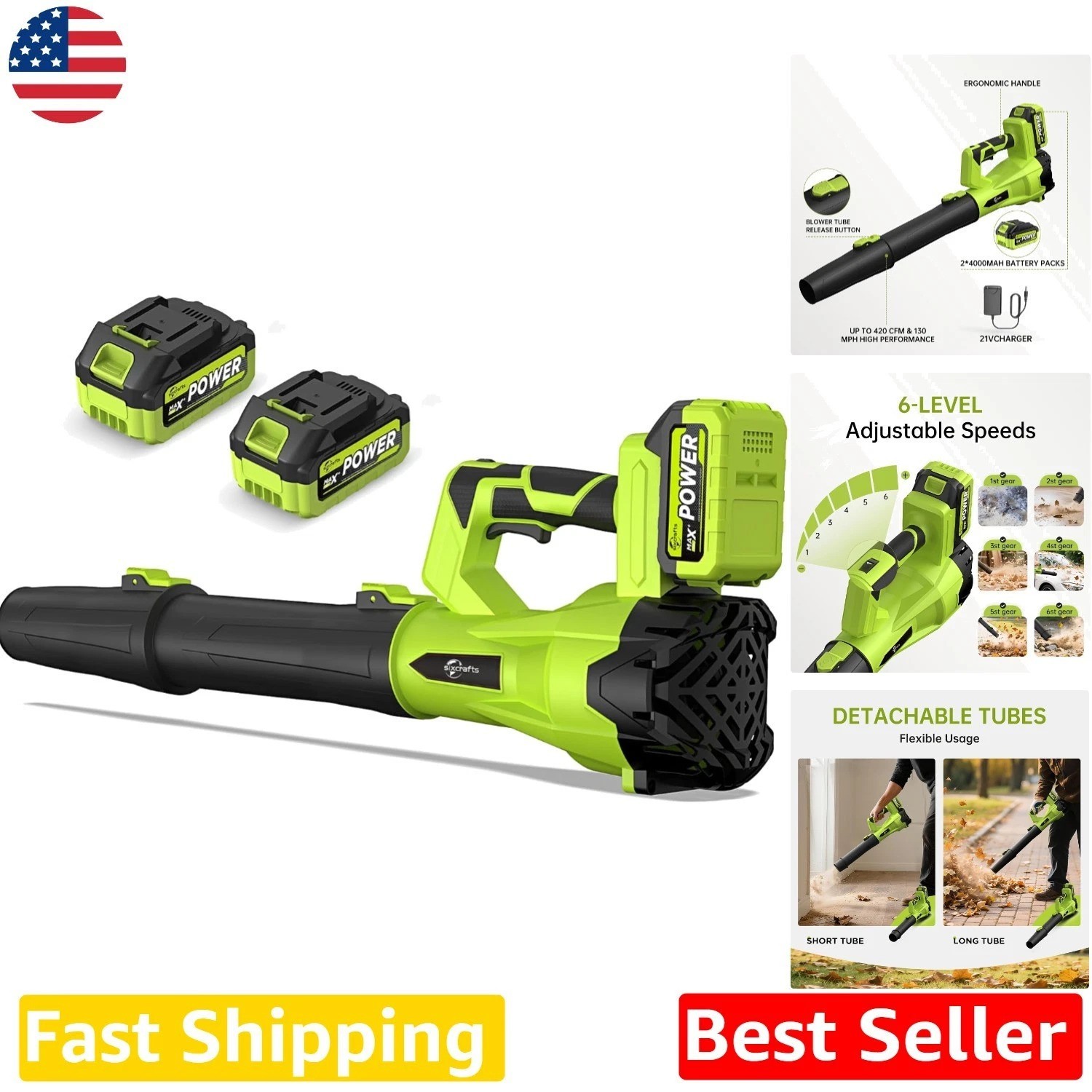 Lightweight Leaf Blower 2×4.0Ah Batteries Adjustable Tube 130 MPH Green