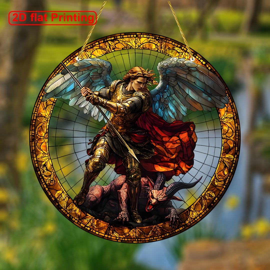 Saint Michael Archangel Round Acrylic Suncatcher Window Hanging Religious Decor