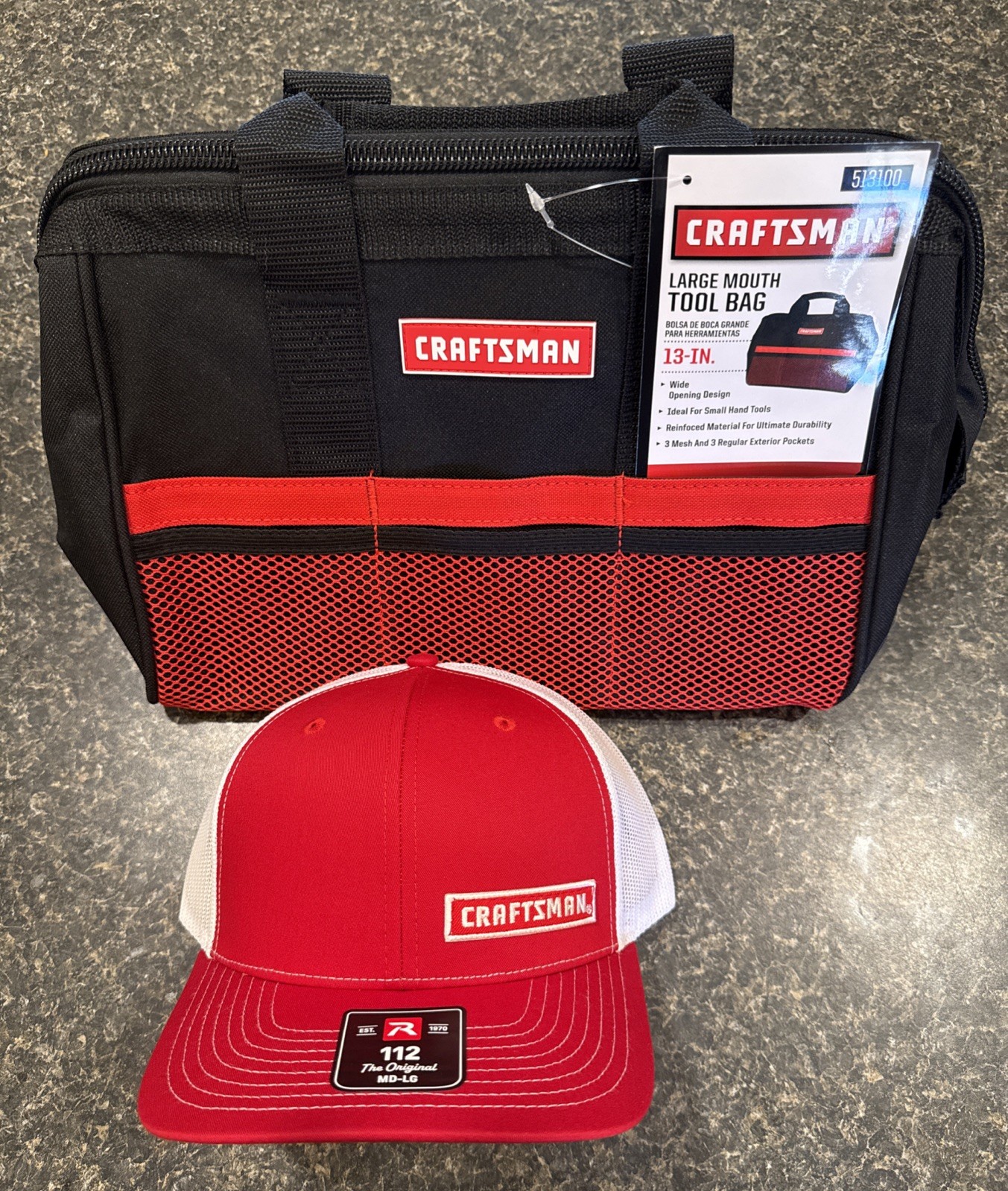 Craftsman 13 in. W X 9.75 in. H Wide Mouth Tool Bag 6 pocket Black/Red NWT W Hat