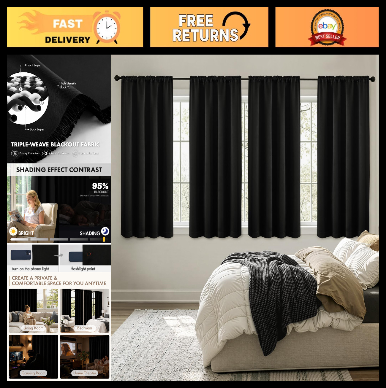 Blackout Curtains 63 Inch Length, Set of 4 Panels, Energy Efficient, Room Darken