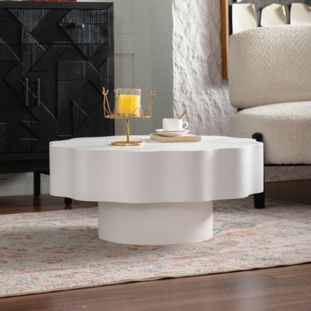 Cream White Round Scalloped Coffee Table Wave Edge Modern Pedestal Table
