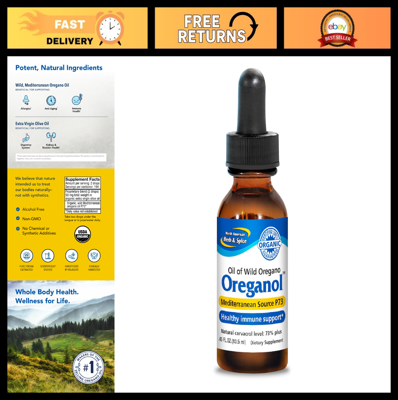 Organic Oregano Oil – Wild Mediterranean P73 – Non-GMO – 0.45 fl oz – 194 Servin
