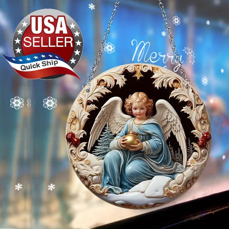 3D Look Blessing Angel Round Acrylic Hanging Christmas Décor (5.91in x 5.91in)