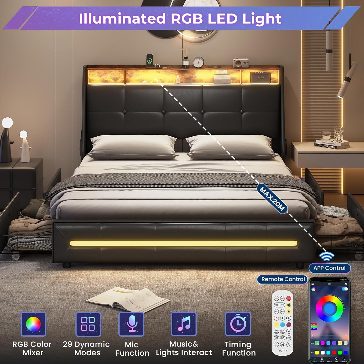Queen Bed Frame with 4 Storage Drawers, Charging Station and LED Lights,PU Black