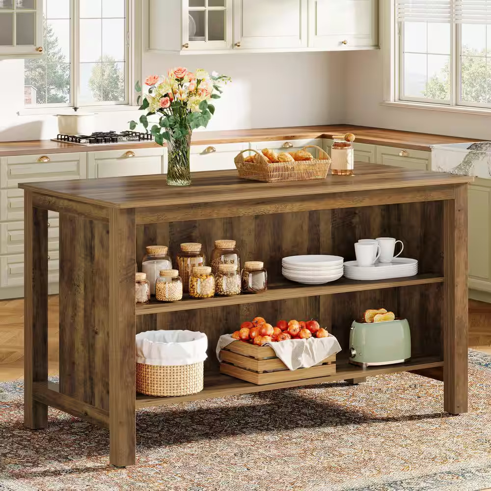 Keenyah Brown Wood 59 In. Kitchen Island with Storage,Farmhouse Stationary Islan