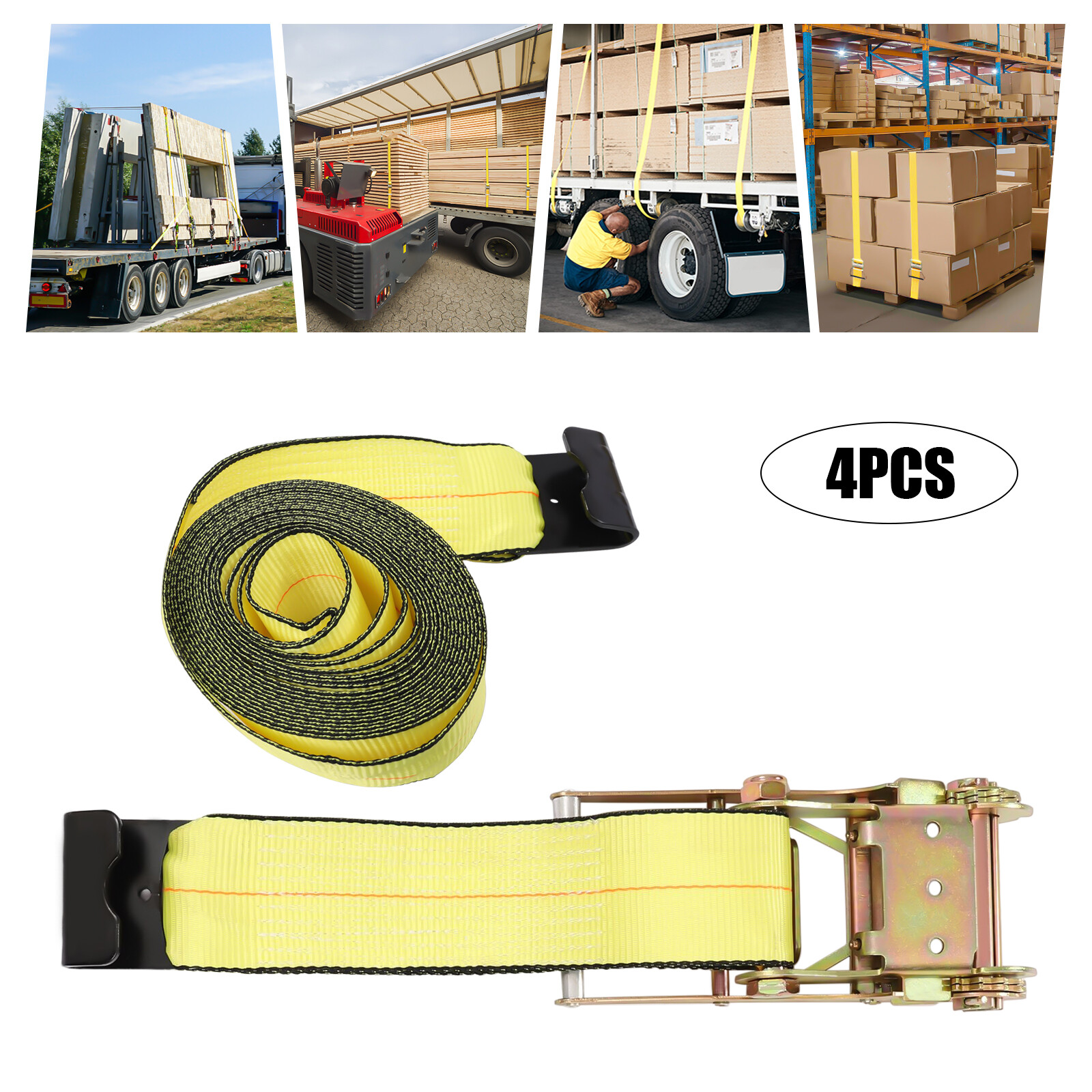 4Pcs Ratchet Lashing Straps 30ft*4in Flatbed Utility Trailers Straps Yellow