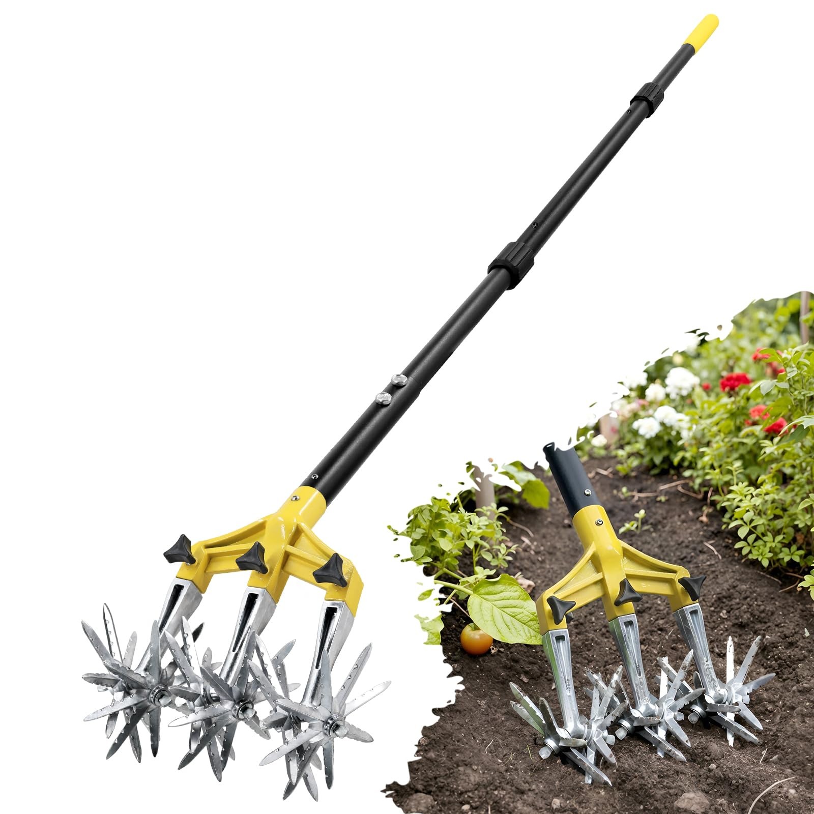 Colwelt Rotary Cultivator Garden Tool 61’’, Hand Tiller black + yellow