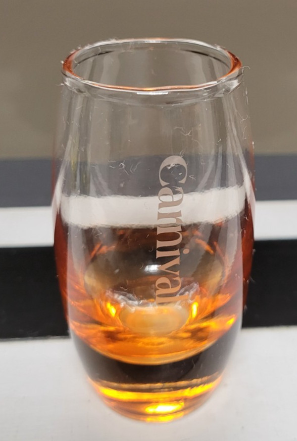 MANDARIN ORANGE CARNIVAL CRUISE LINE SHOT GLASS 3.5 INCHES HOLDS 2 OZS