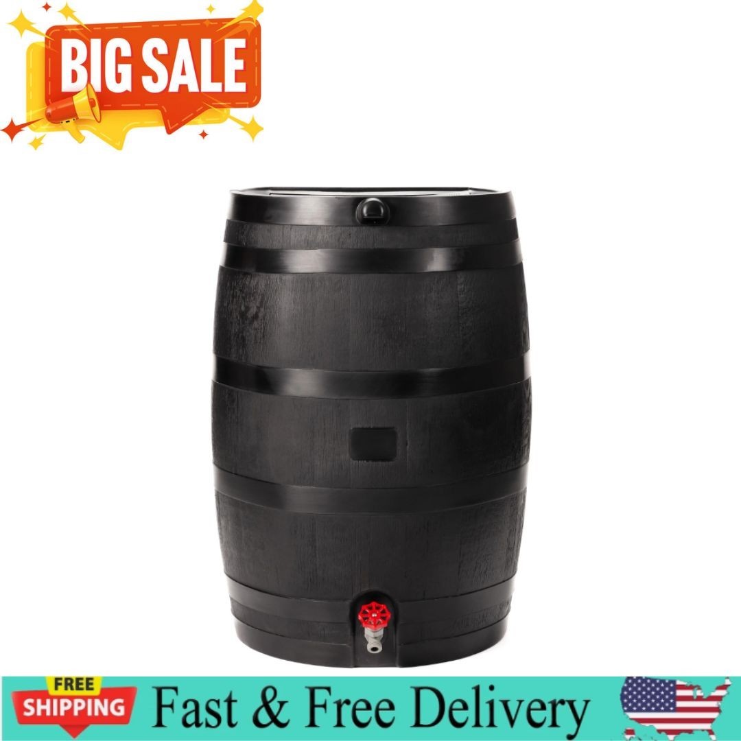 RTS Home Accents Polyethylene 50 Gallon Flat Back Eco Rain Barrel, Black Color