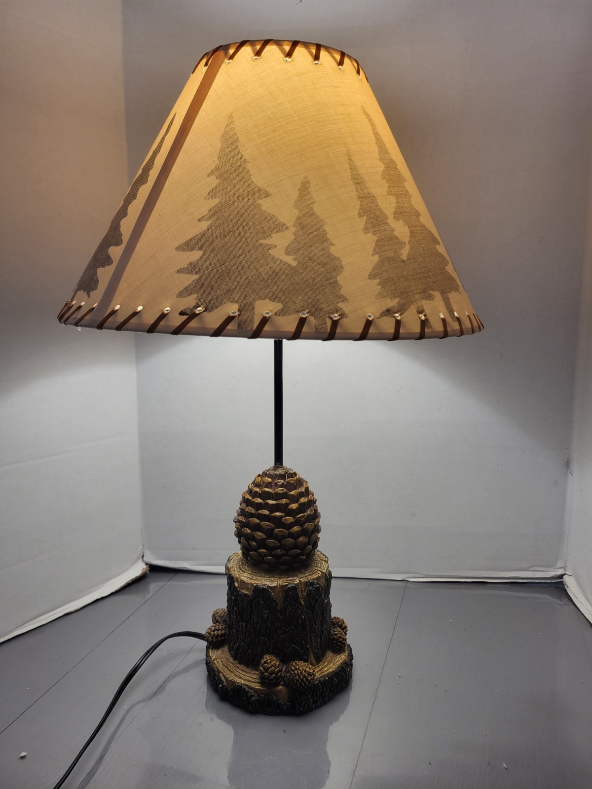 Pinecone Table Lamp Pine Cone Tree Faux Rawhide Shade Rustic Cabin Lodge