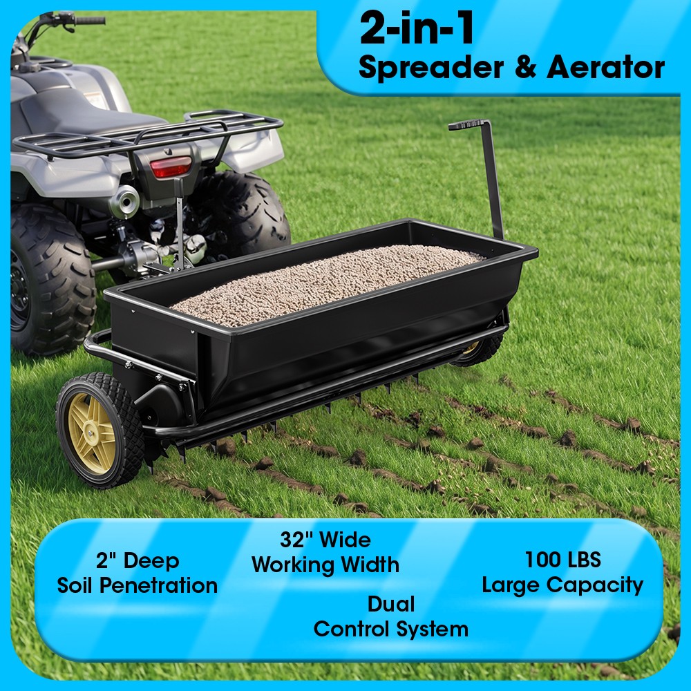 32″ 2-in-1 Tow Behind Spreader & Aerator 100lbs Broadcast Spreader w/10″ Tires