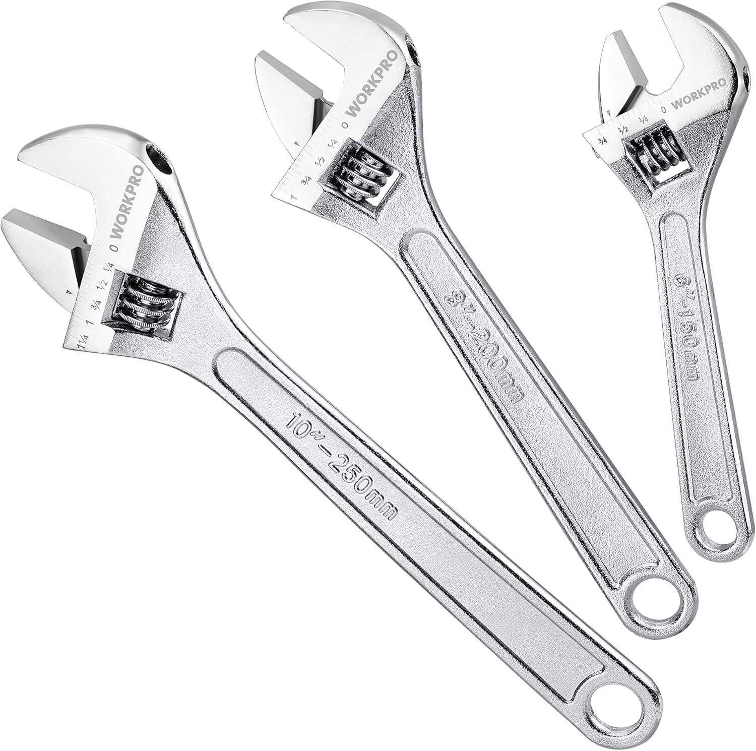 WORKPRO 3-Piece Adjustable Wrench Set SAE & Metric Scale 6-inch, 8-inch, 10-inch