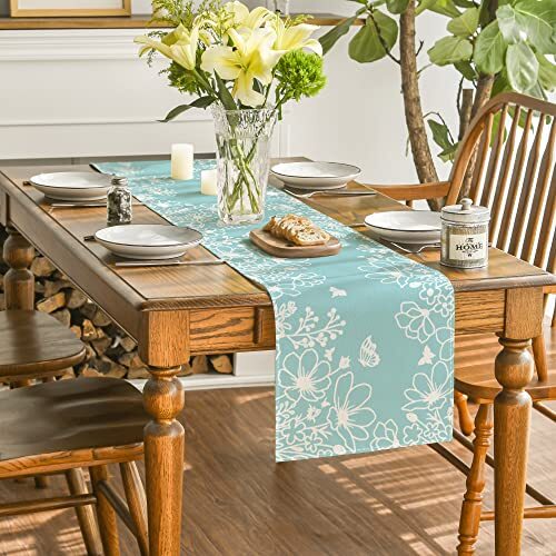 Bloom Flowers Butterfly Spring Table Runner, 13″ x 72″, Table Runner Blue