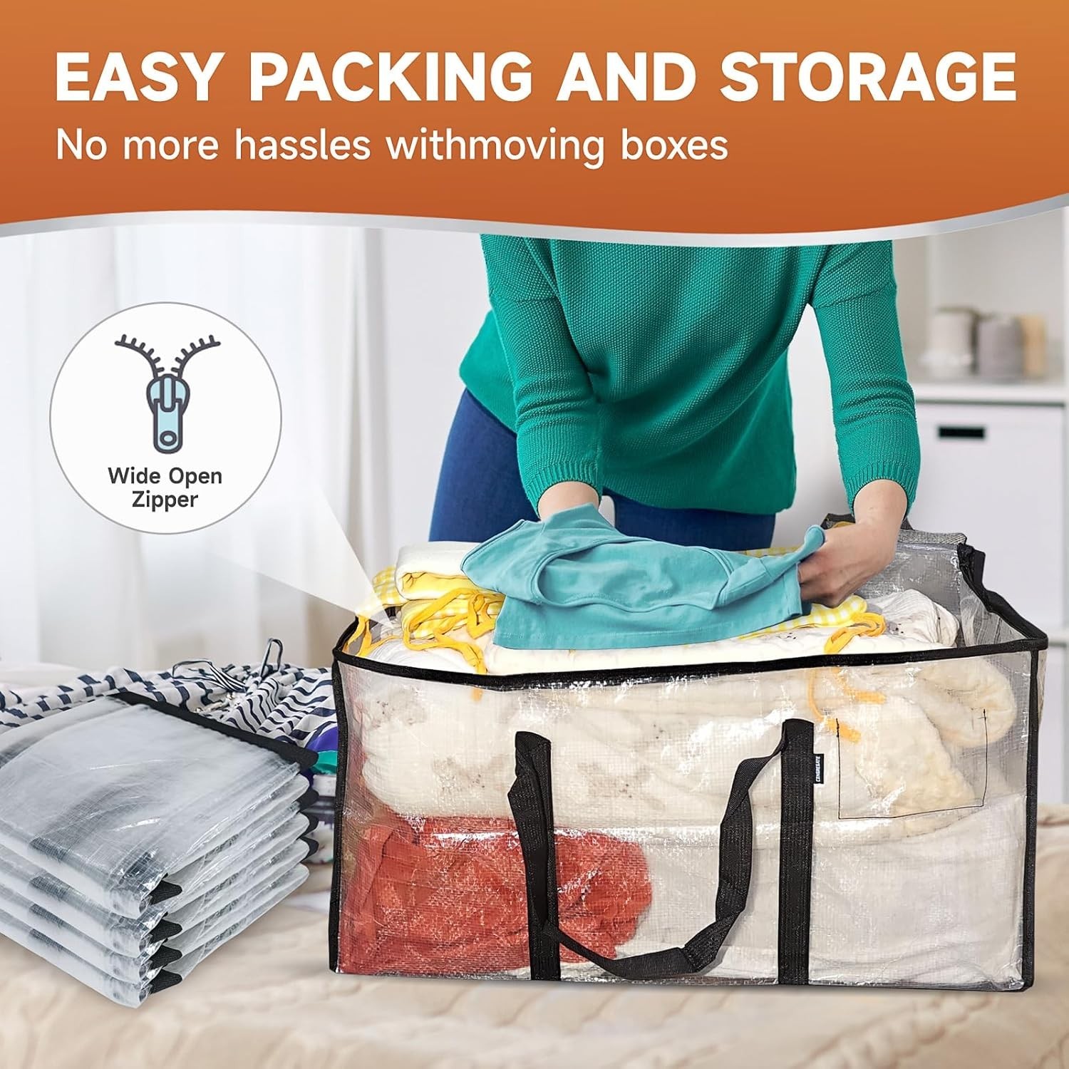 8 Pack Extra Large Heavy Duty Moving Bags, Clear Storage Bins with Lids, Reinfor
