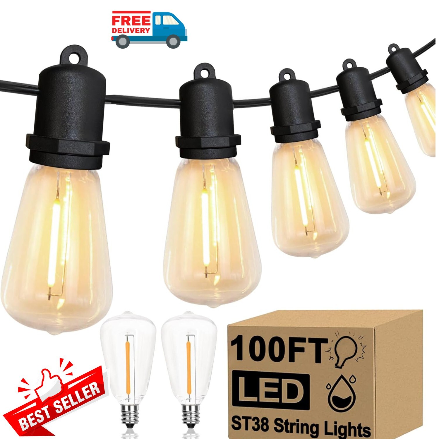 Outdoor String Lights 100FT for Patio Waterproof Connectable ST38 LED Light Stri