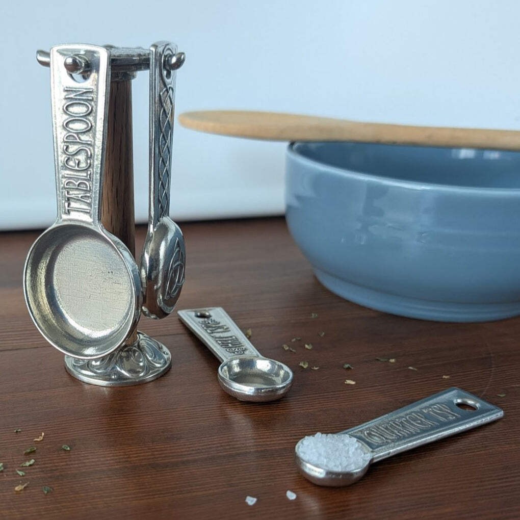 Celtic Knot Measuring Spoon Set – Handmade Pewter Spoons with Display Stand