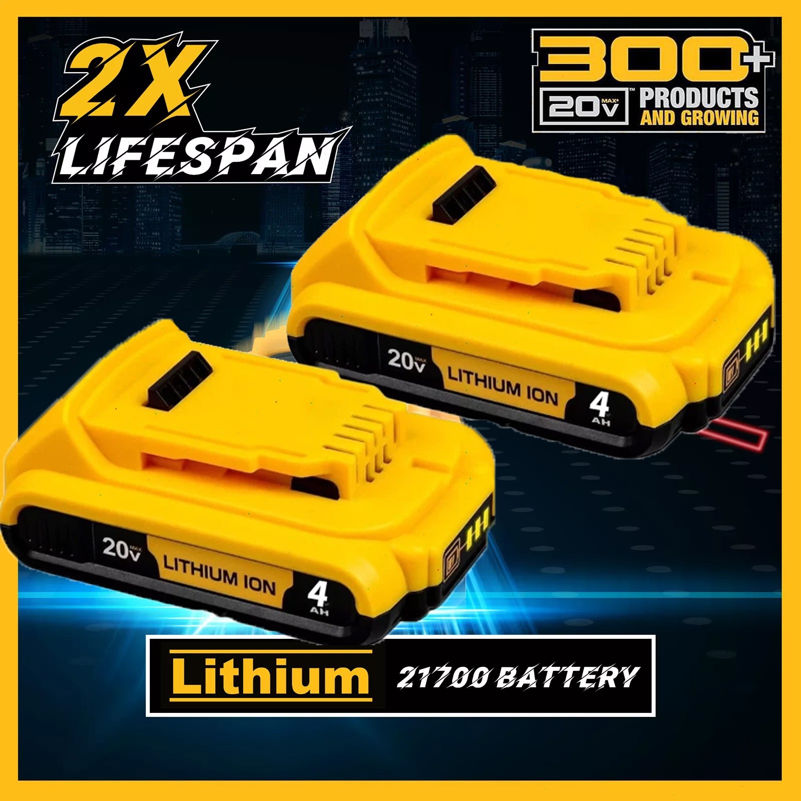 2 PACK replace for Dewalt 20V Volt Max DCB204 4.0Ah Lithium Batteries DCB206 US