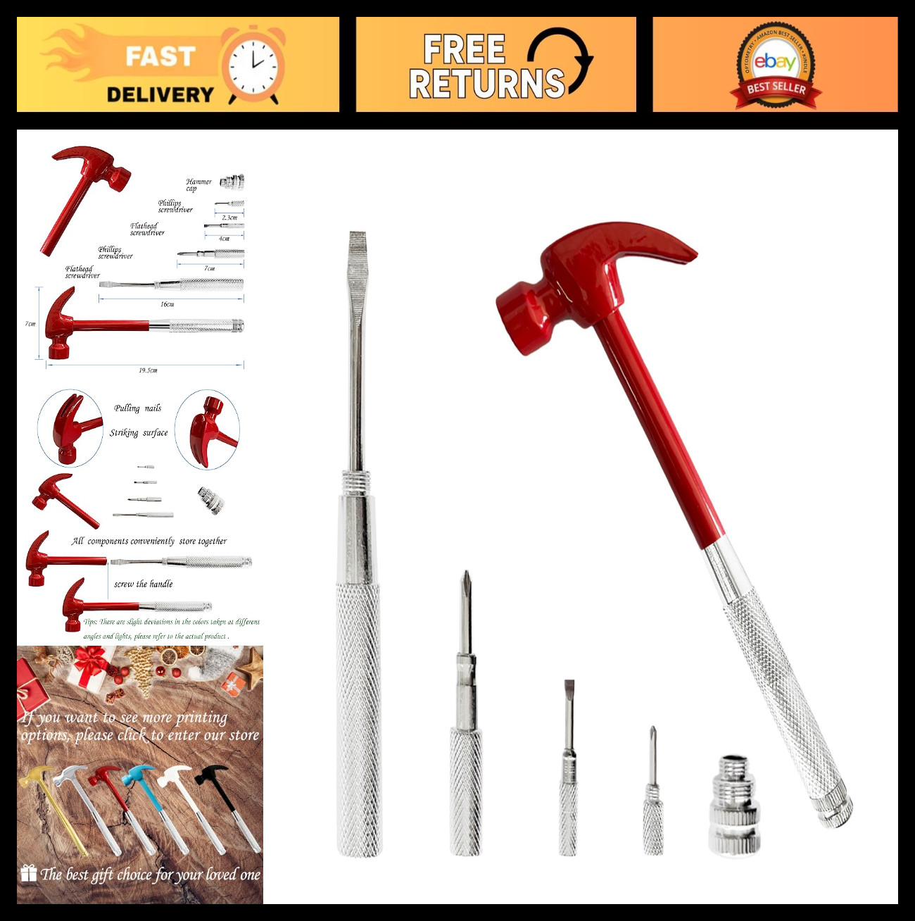 6-in-1 Red Mini Hammer & Screwdriver Set – Versatile Camping Hand Tools