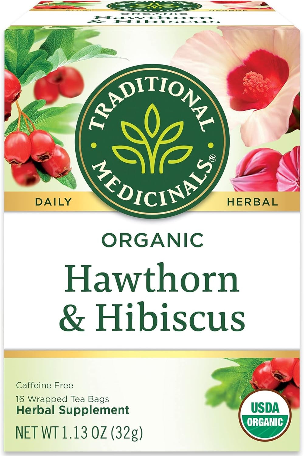 Tea, Organic Hawthorn & Hibiscus, Promotes Heart Health, 16 Tea Bags (1 Pack)
