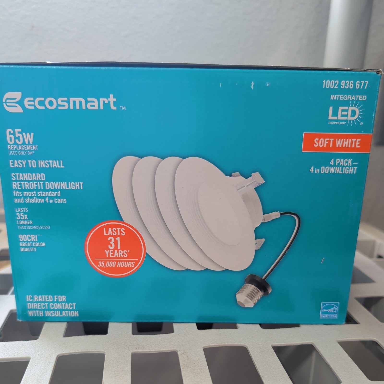 4 pack Ecosmart 65w 4in Downlight Dimmable Soft White Screw-in Base