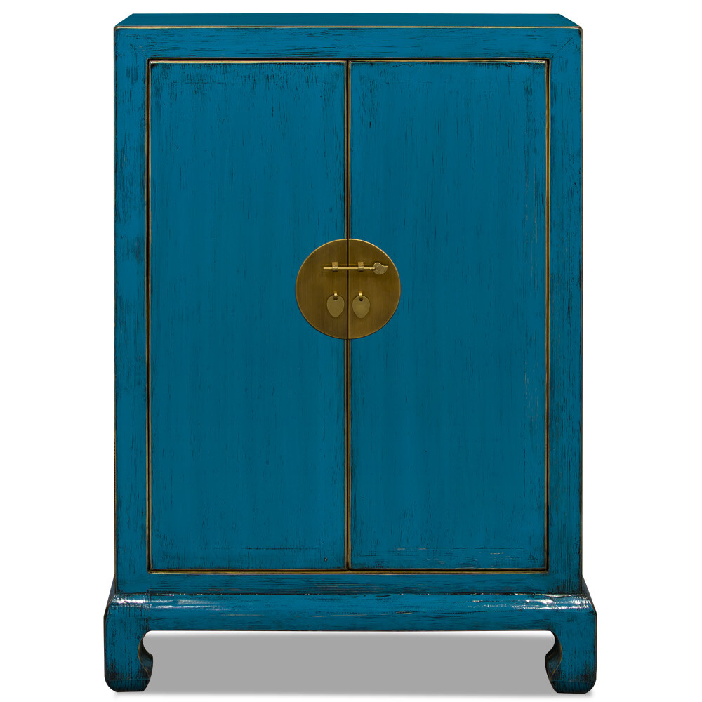 US Seller – Distressed Turquoise Elmwood Chinese Ming Cabinet