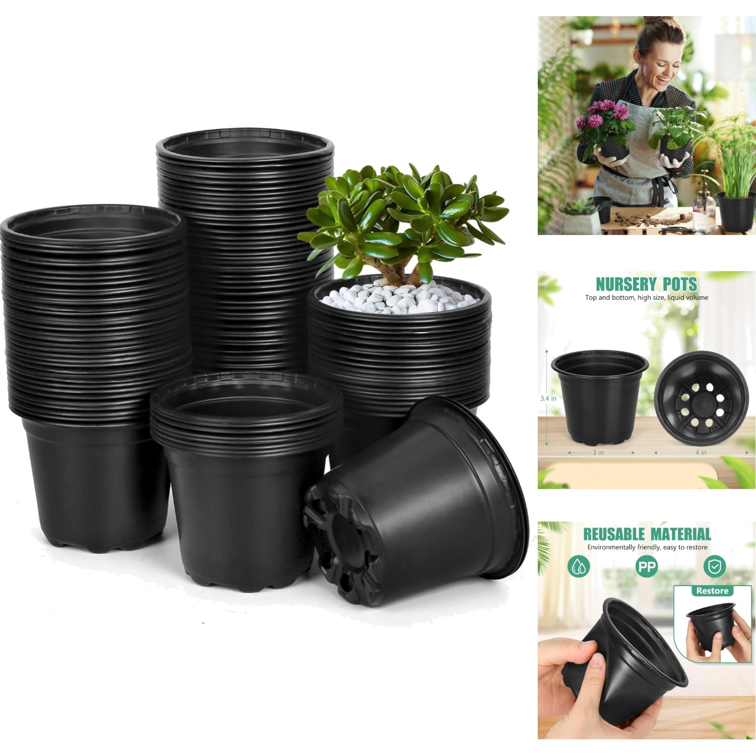 120 Pack 4 Inch Plastic Nursery Pots with Drainage Holes for Seedling Transplant