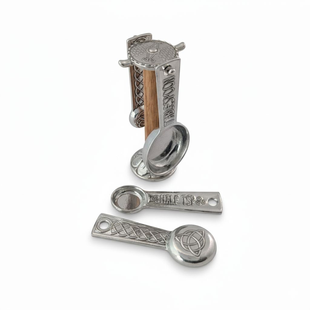 Celtic Knot Measuring Spoon Set – Handmade Pewter Spoons with Display Stand