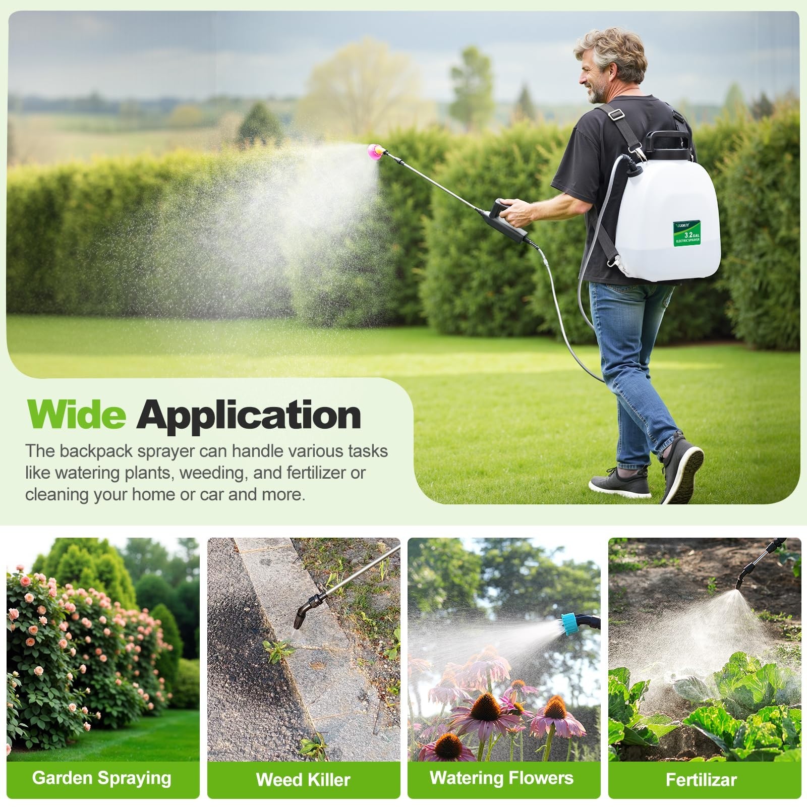 Battery Powered Backpack Sprayer 3.2 Gallon, USB Rechargeable, 5 Nozzles, Adjust