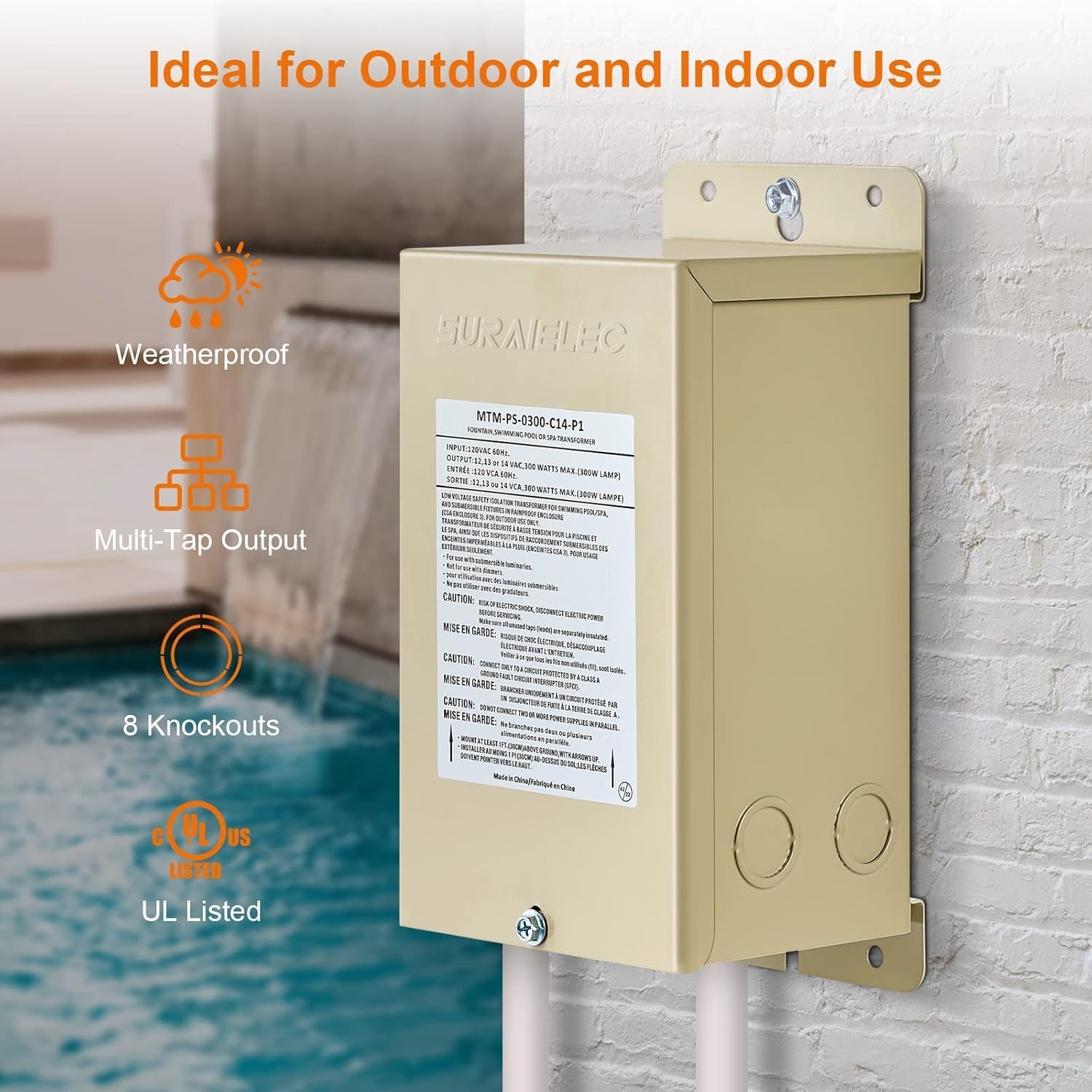 300W Low Voltage Pool Light Transformer, 120V AC to 12V/13V/14V AC