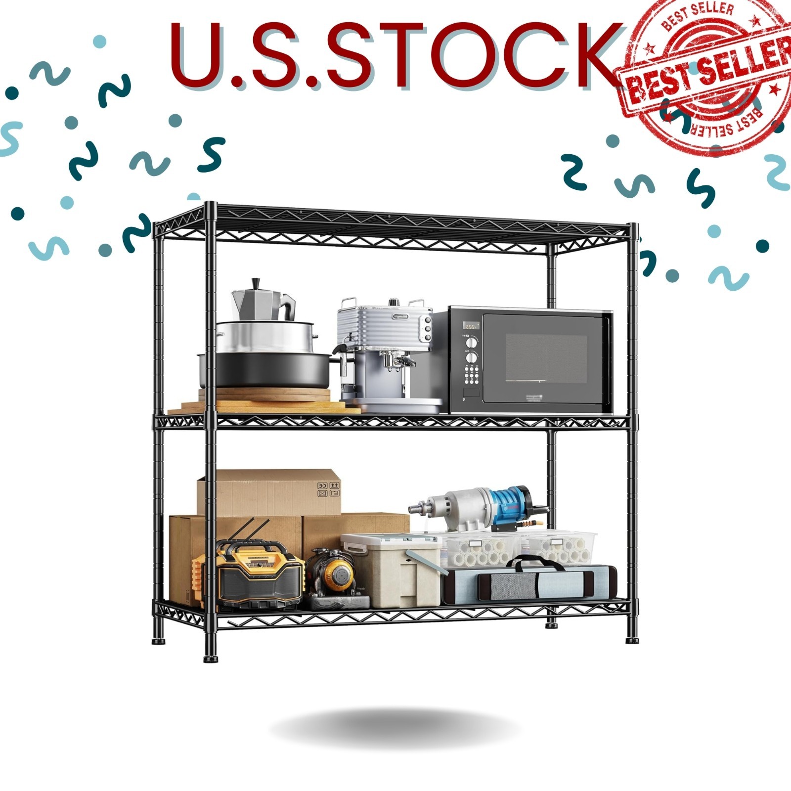 3-Shelf Heavy Duty Metal Storage Shelving Unit 35.6x14x36 Adjustable Black