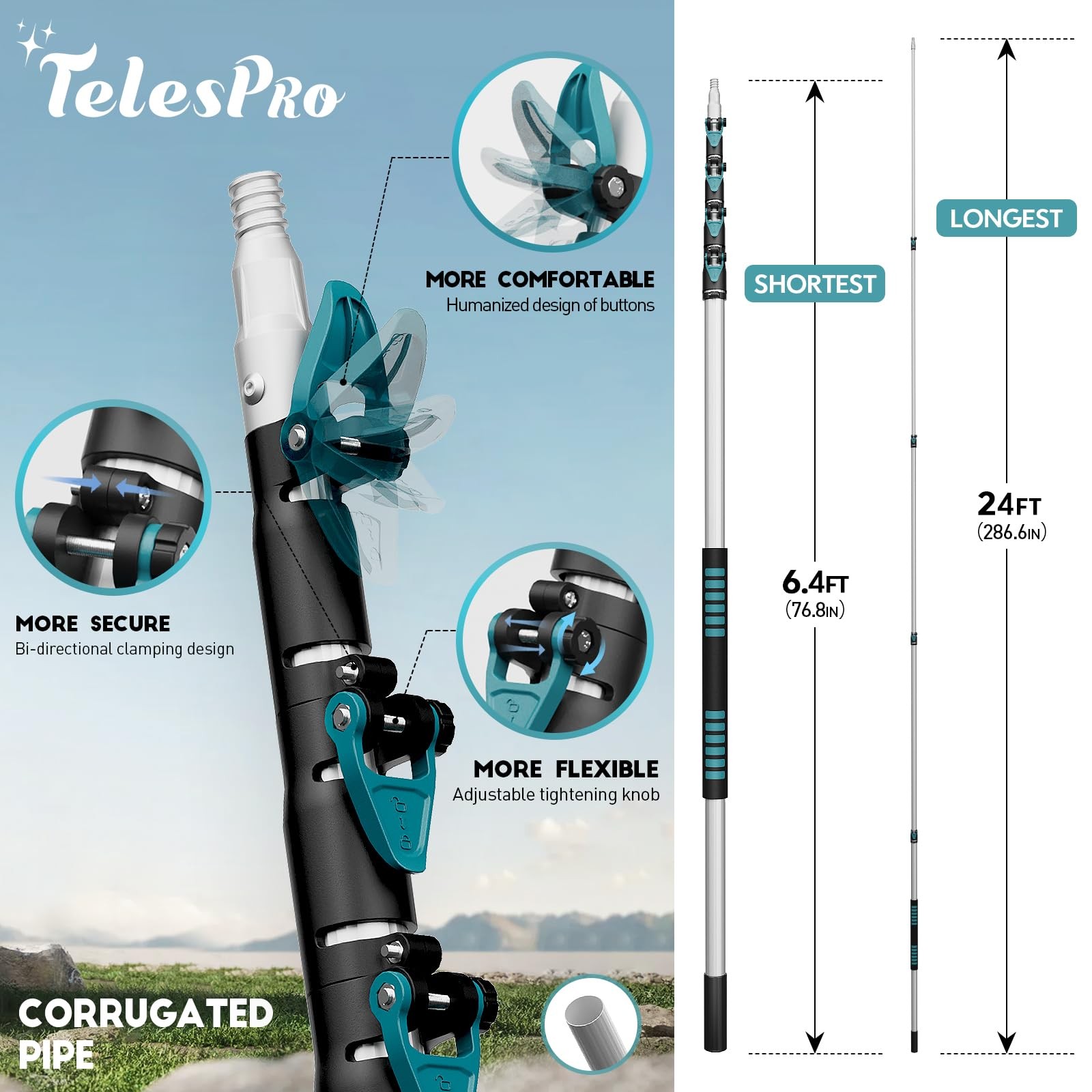 Pole Saw 24ft Telescoping Manual Tree Trimmer Green HI-2302-16 TelesPro 6-24ft