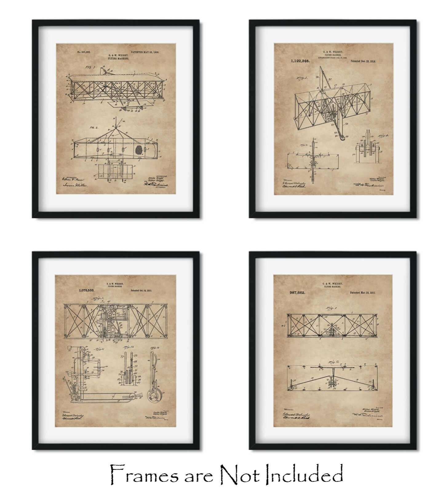4 Wright Brothers Patent Print 8″x10″ Gift for Aviation Lovers Airplane Wall Art