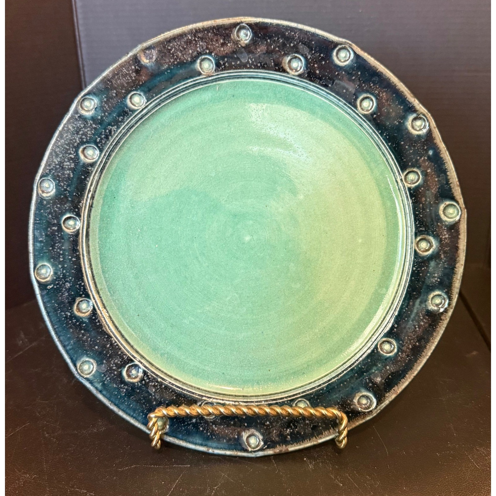 Ahna Iredale Studio Art Pottery Plate Teal Blue Hobnail Rim Signed Ceramic Boho