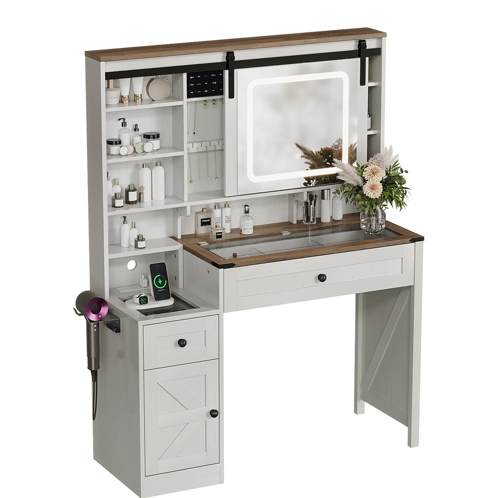 Makeup Vanity Set with LED Lighted Mirror, Sliding Barn Door Jewelry Organizer