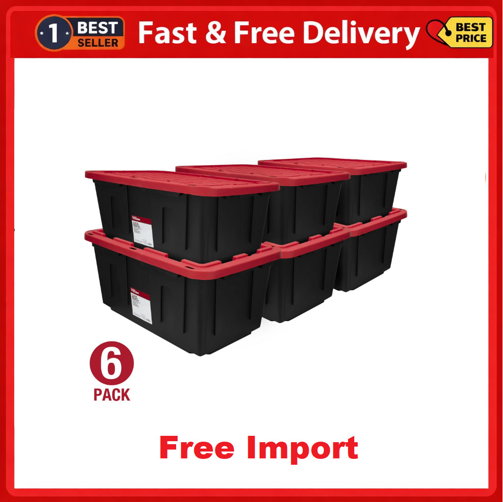 Hyper Tough 27 Gallon Large Storage Bin with Snap Lid, Black and Red (6 Pack)