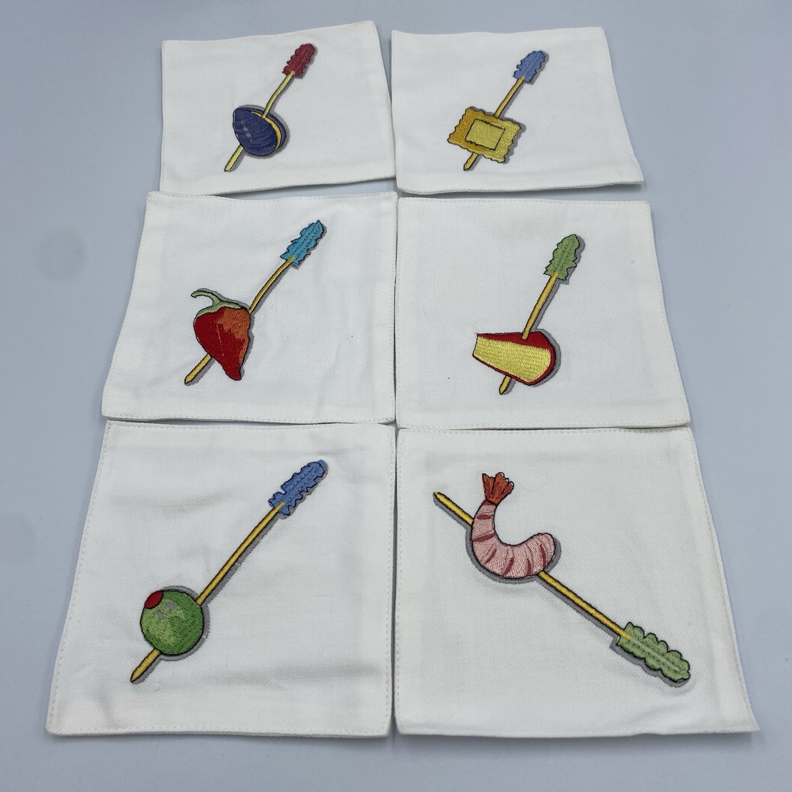 Crate & Barrel Tidbits Appetizer Coasters Cotton Embroidered Set 6 Fruit Cheese