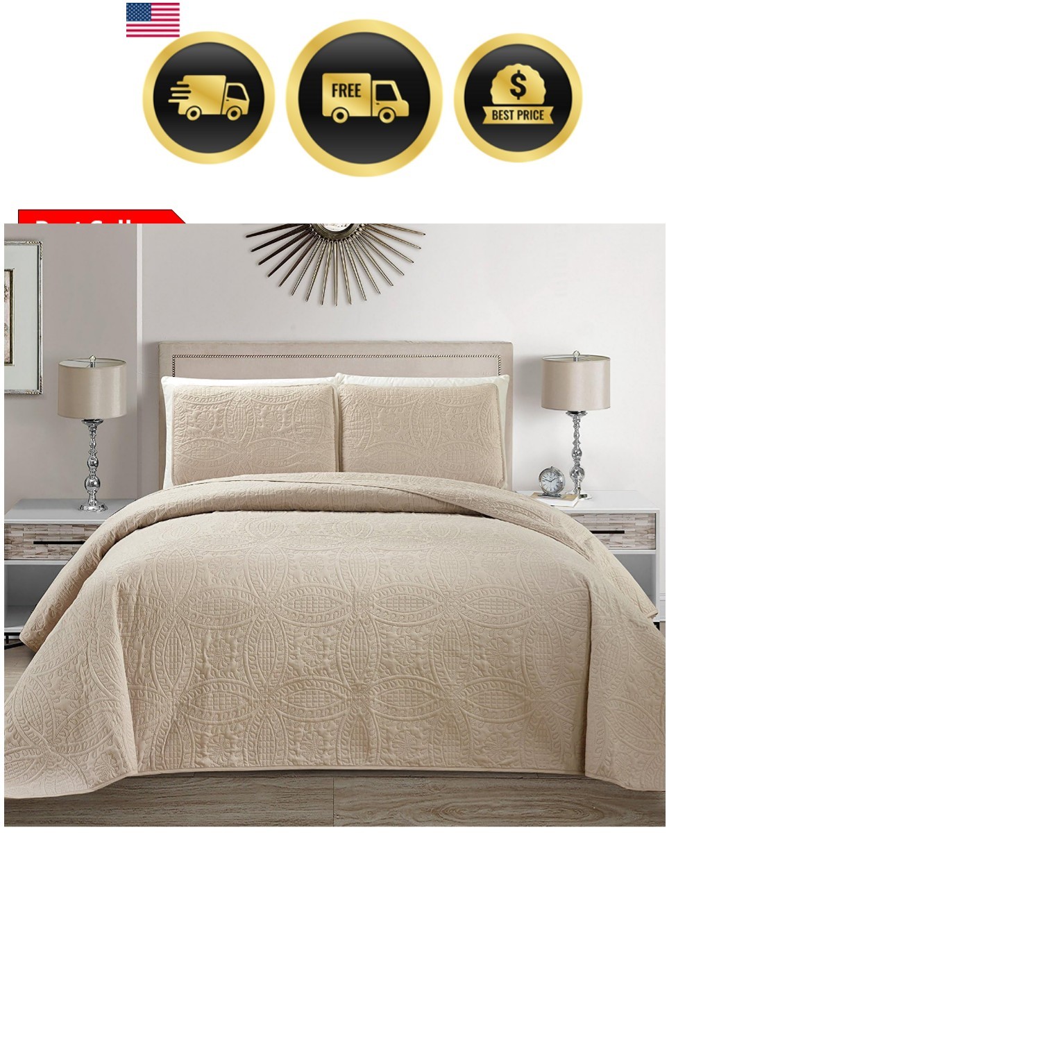 Fancy Collection Embossed Coverlet Bedspread Over Size Set Solid Austin Beige…