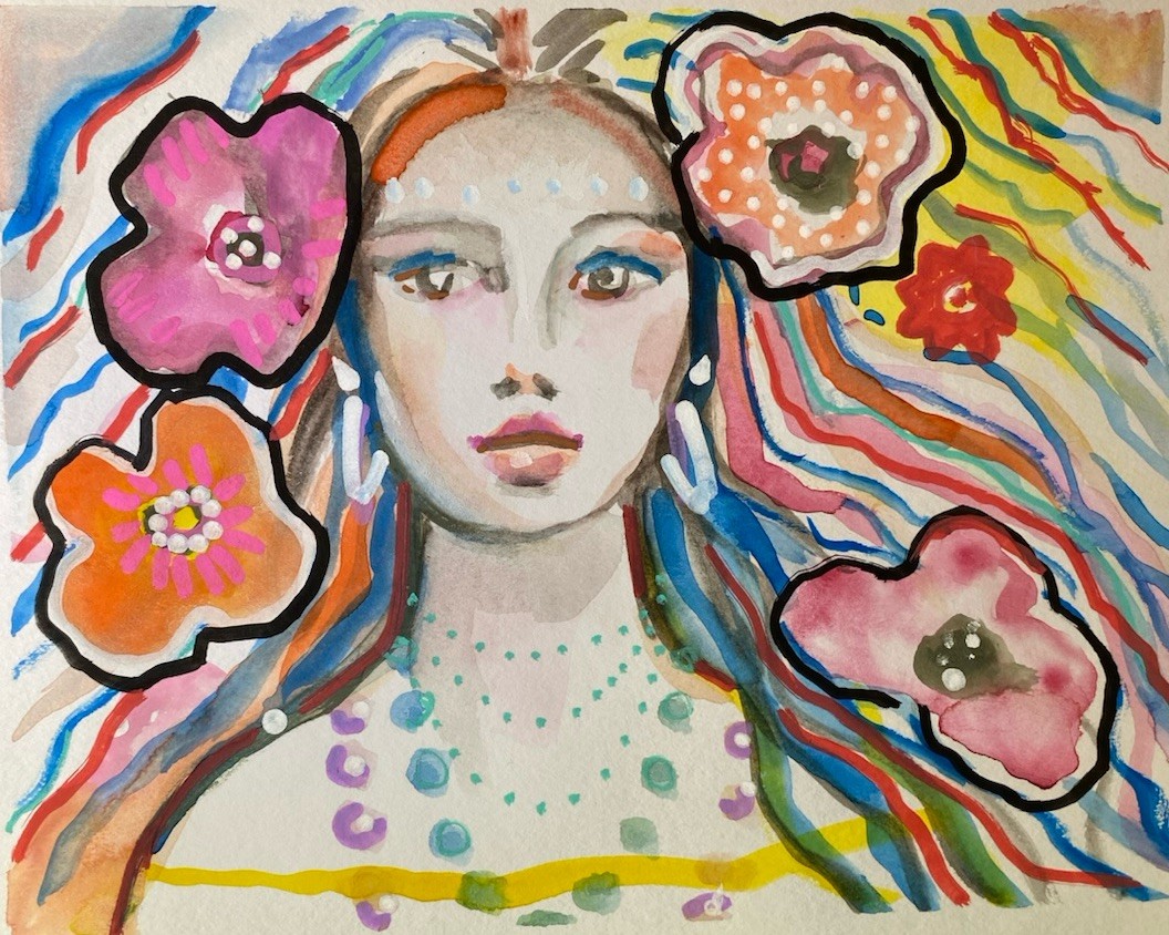 7”x5.5”, Beautiful Hippie Chick, Watercolor, Handmade, Signed By Artist, COA.