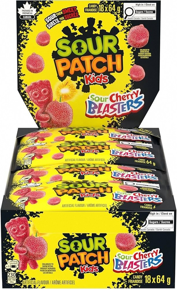18 Bags of Maynards Sour Patch Sour Cherry Blasters 64g / 0.15 lbs Each