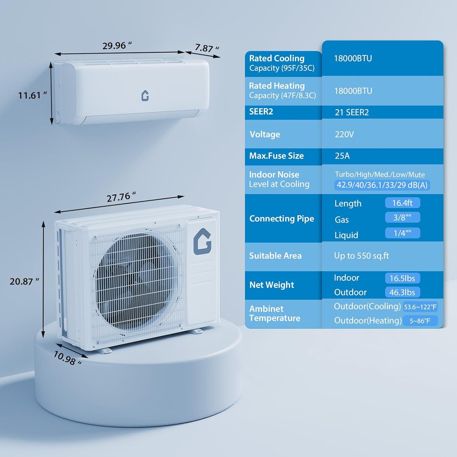 Mini Split Air Conditioner Heat Pump 9K 12K 18K 24K BTU Ductless AC Unit WiFi