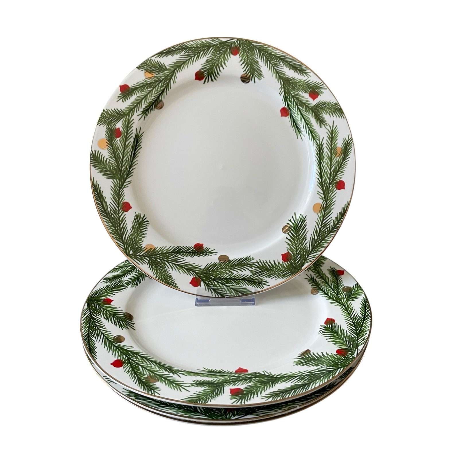 NEIMAN MARCUS Christmas Pine Dinner Plates 12.6in Holiday Green White Set 4 New