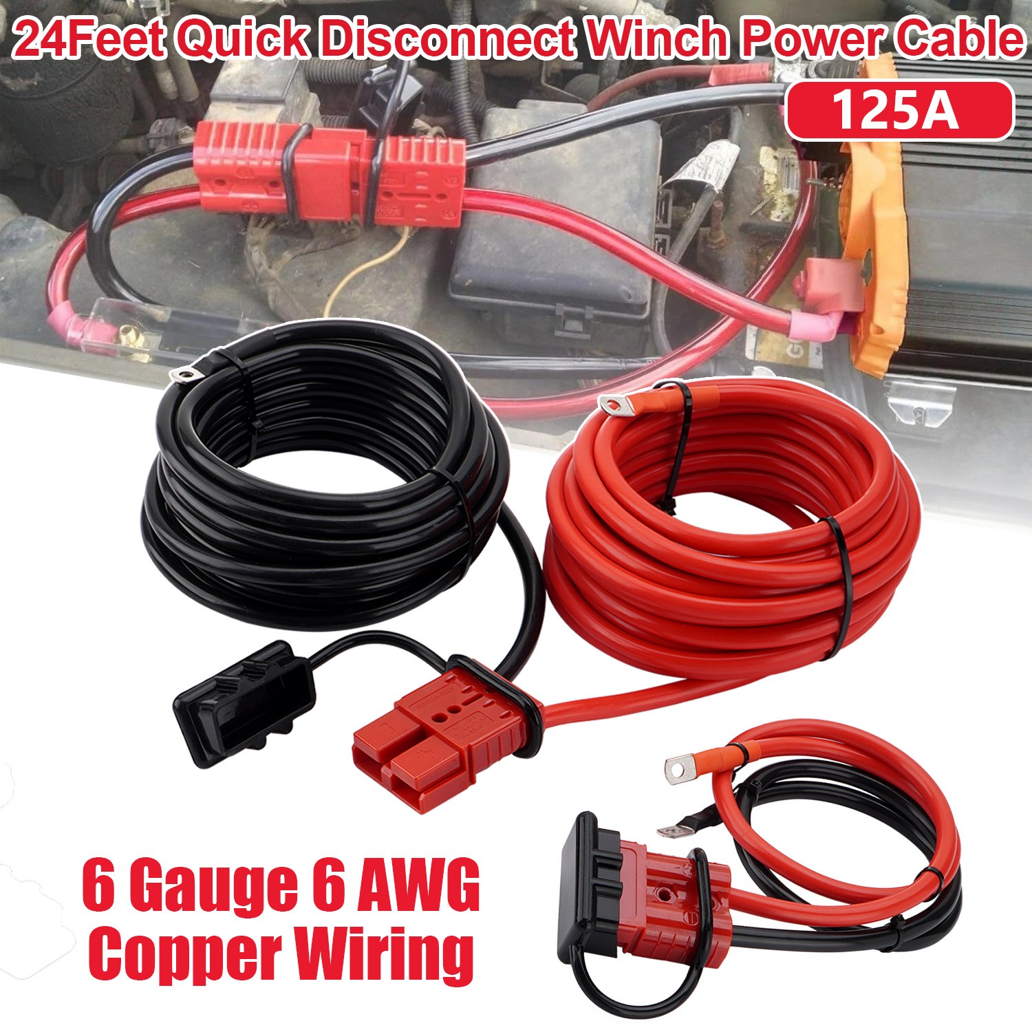 24 FT Quick Disconnect Winch Power Cable, 6 Gauge 6 AWG Wiring For Winch Trailer