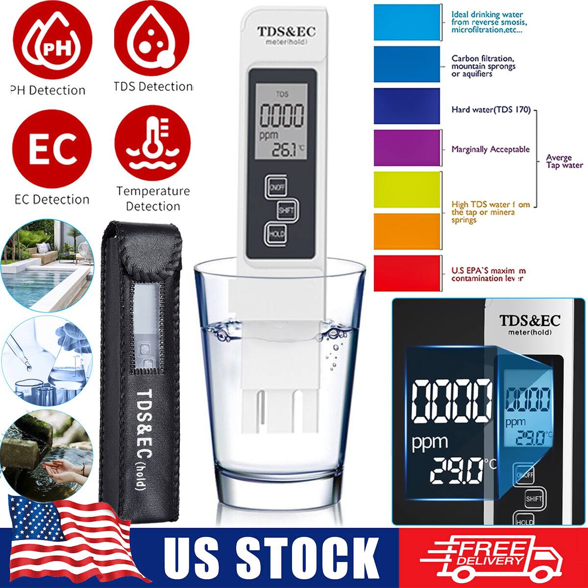 TDS Meter Digital Water Quality Tester Testing Kits for Drinking Water 0-9990ppm