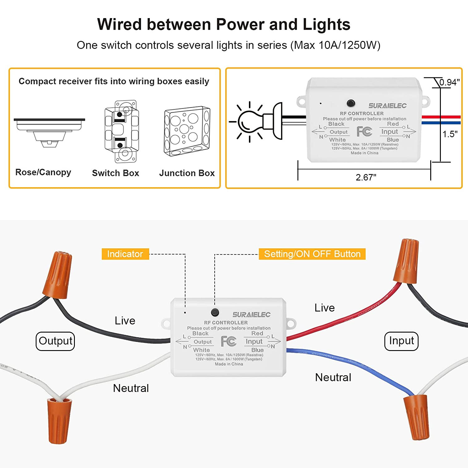 3 Way Wireless Light Switch, No Wiring, No Wifi, 100Ft RF Range, Pre-Programmed,
