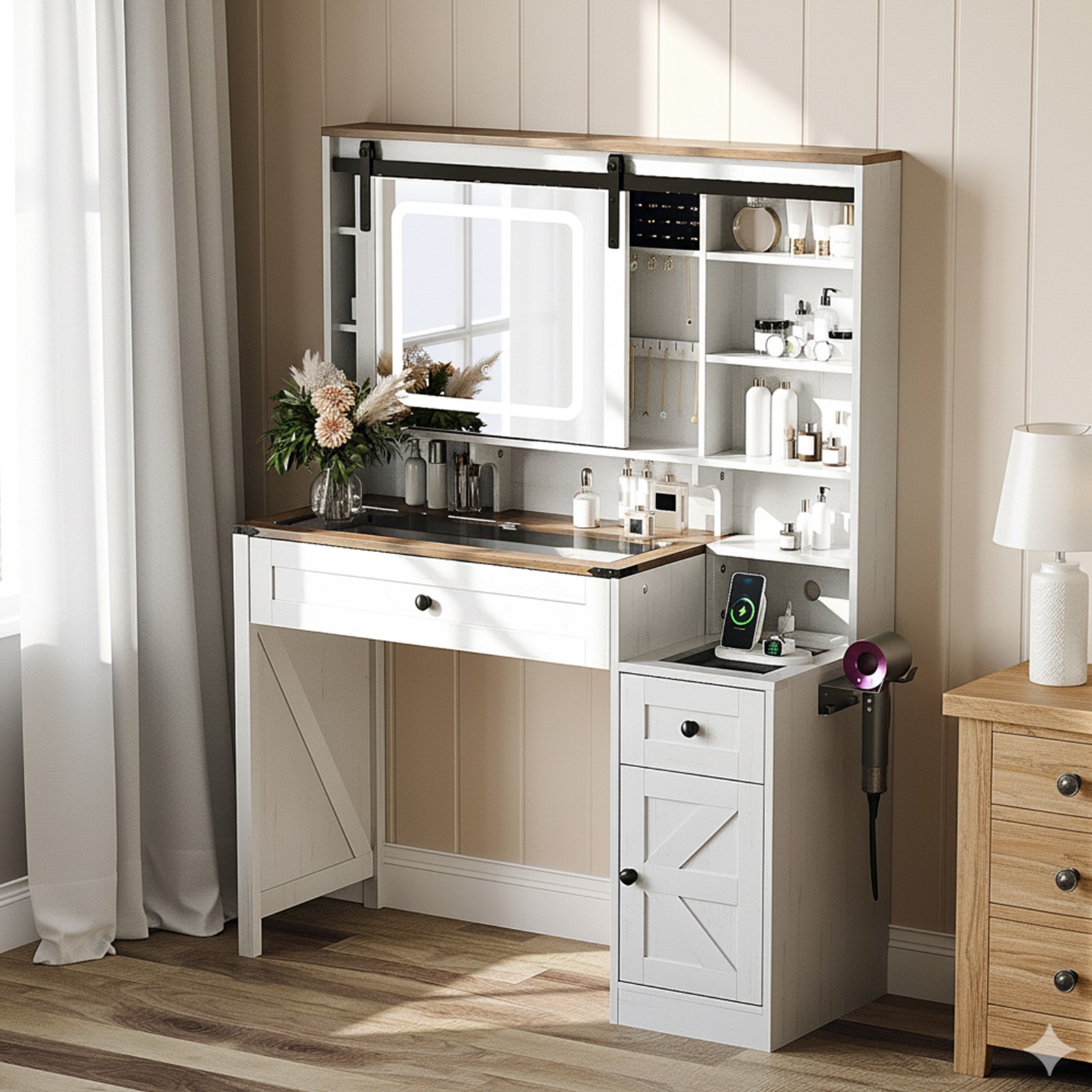 Makeup Vanity Set with LED Lighted Mirror, Sliding Barn Door Jewelry Organizer