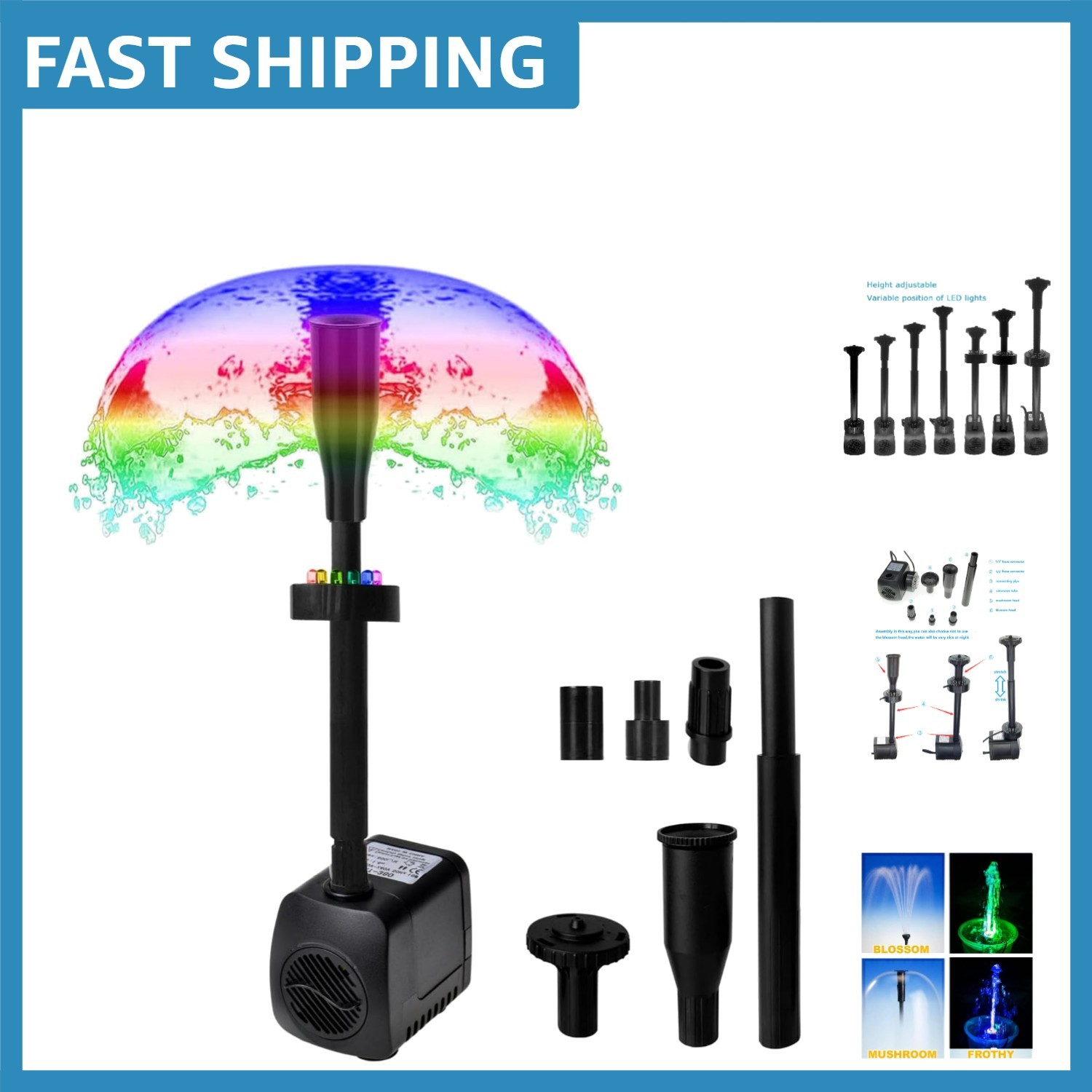 Efficient Water Pump with 3 Patterns & 12 LEDs – Ideal for Garden Fountains