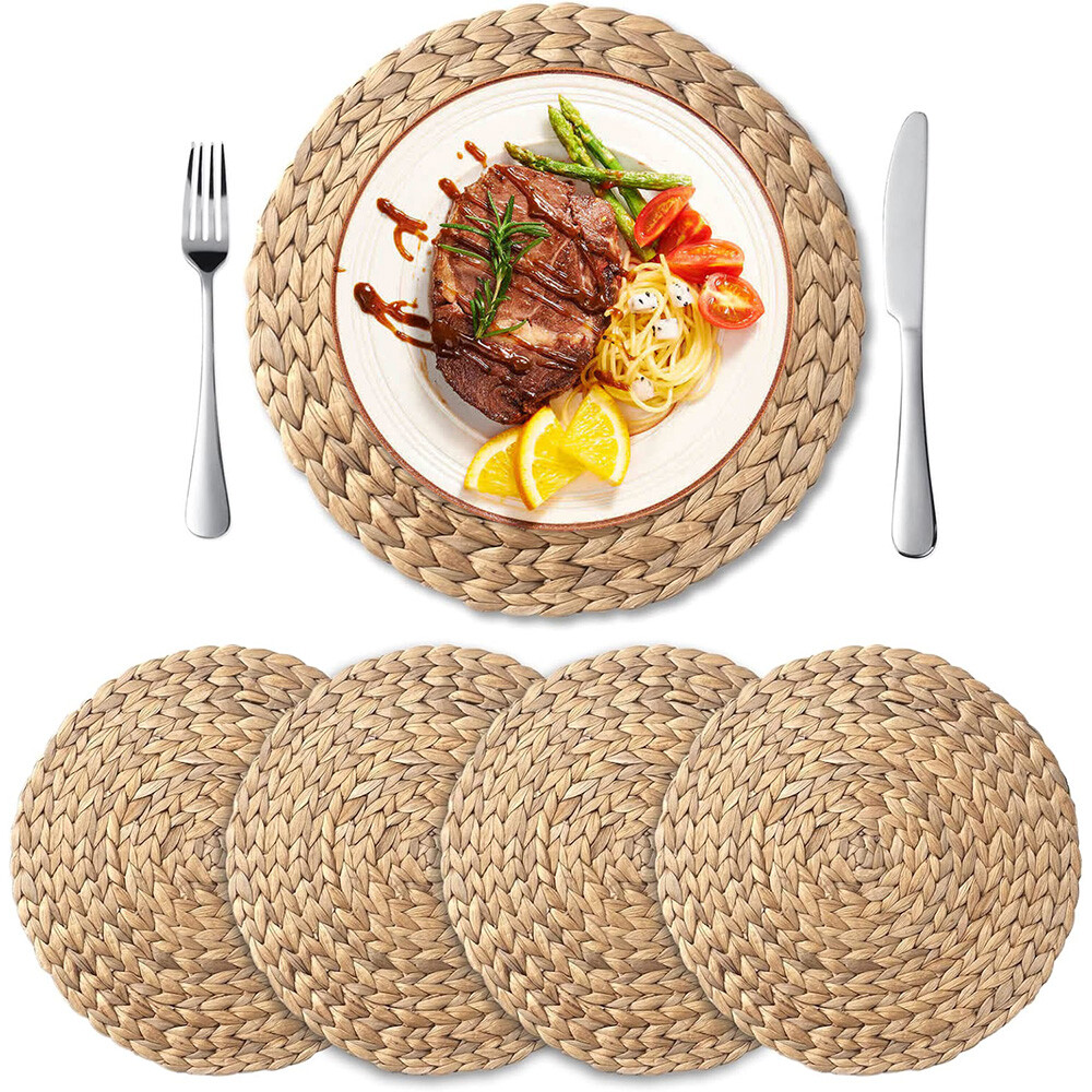 4/6Pcs Round Woven Placemats Round Rattan Placemats Natural Hand-Woven 13.8 inch
