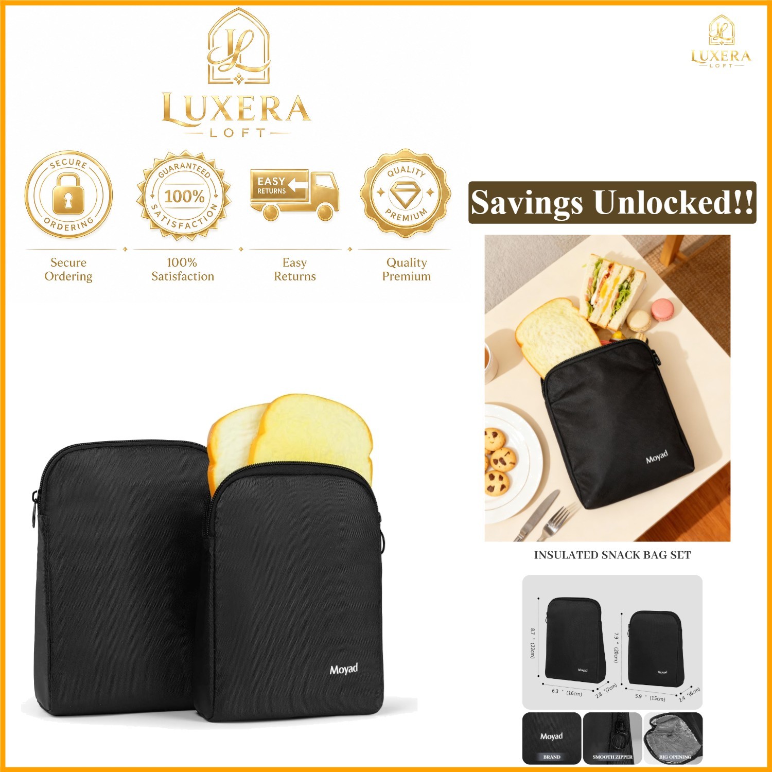 2 Pack Insulated Reusable Sandwich Bags BPA Free Black Lunch Snacks Travel