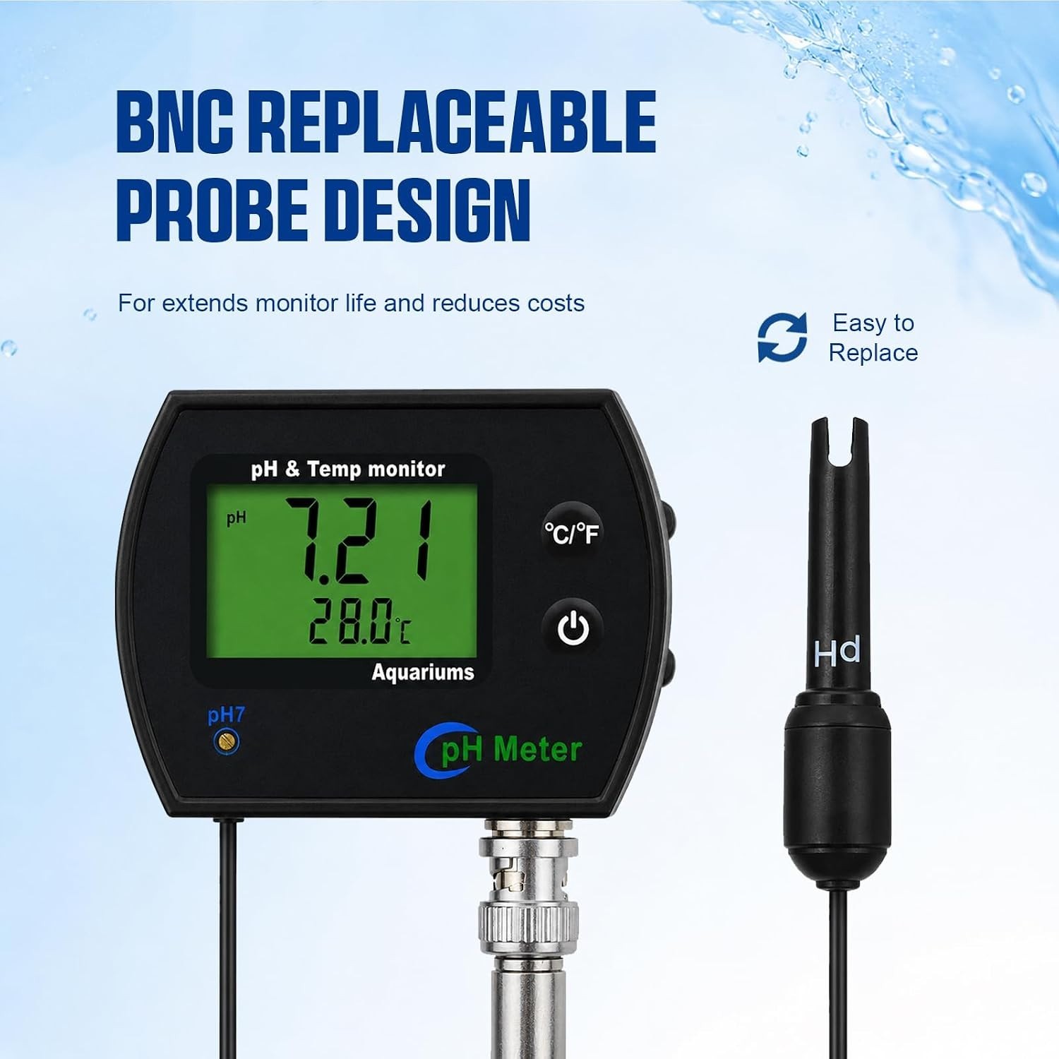 2-in-1 High-Precision pH & Temperature Meter with Replaceable Probe for Aquar…